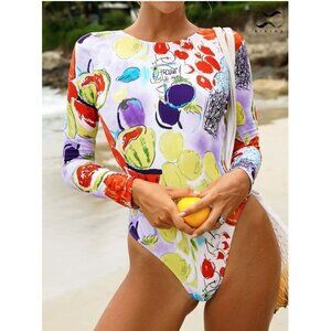 Colourful Long Sleeve Open Back Tropical Swimsuit
